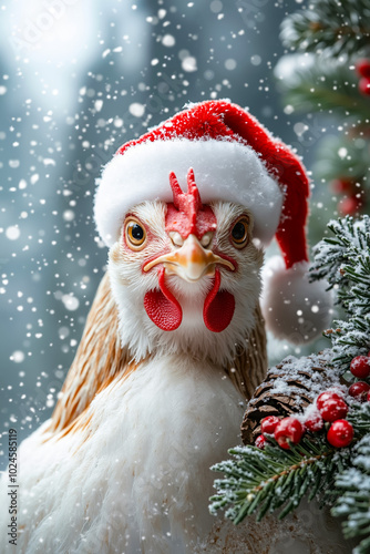 A chicken wearing a santa hat sitting next to a christmas tree