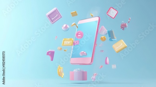 Abstract 3D model of a smartphone with exploding icons of shopping, discounts and digital payment solutions, pastel theme