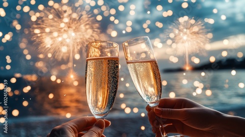 Fototapeta Naklejka Na Ścianę i Meble -  New Year celebration on beach with champagne