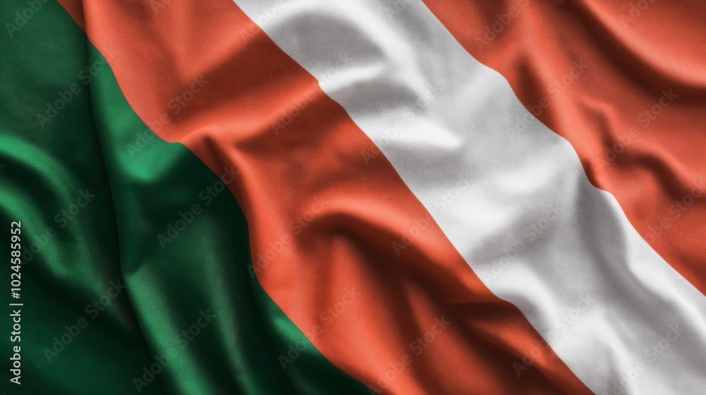 Close-up of a fabric with diagonal green, white, and red colors, resembling a stylized flag with textured fabric folds. Close-up of a fabric with diagonal green, white, and red colors, resembling a stylized flag with textured fabric folds.