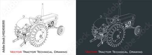 back view vector tractor blueprint technical line drawing