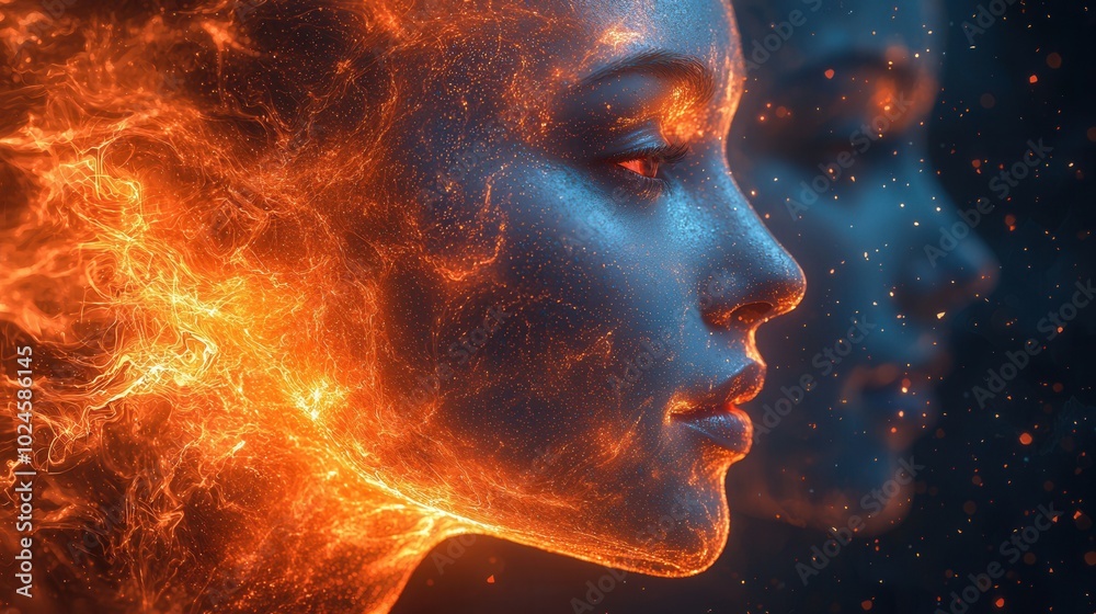 A captivating image of a woman with a glowing, fiery aura resembling a blend of fire and light, highlighting her facial features. A captivating image of a woman with a glowing, fiery aura resembling a blend of fire and light, highlighting her facial features.