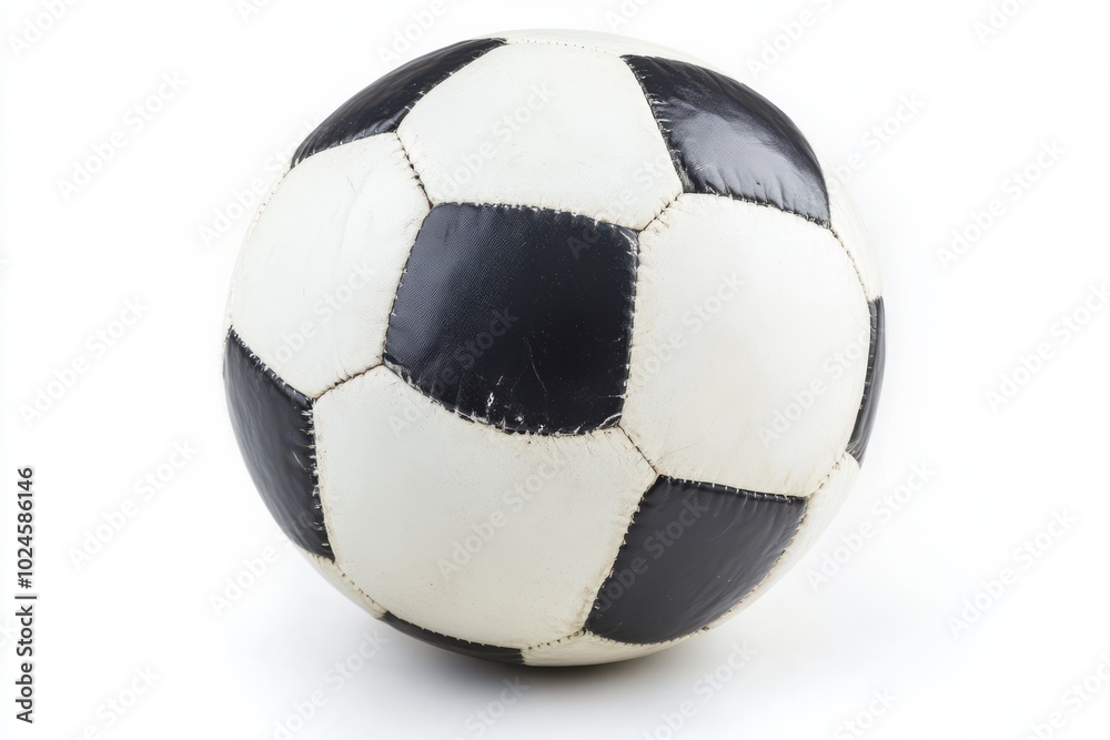 A classic black-and-white paneled soccer ball with a smooth surface, ready for play. Isolated on