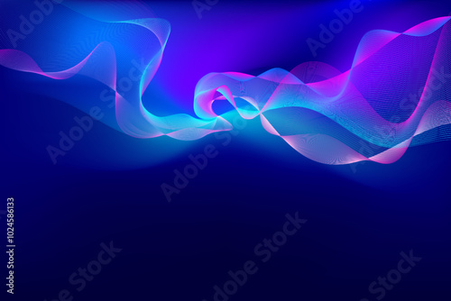 Vector illustration. Gentle, undulating waves in neon blue create soft yet futuristic abstract landscape, ideal for tech-related content and backgrounds. Concept of neon abstract, tech flow, futurism