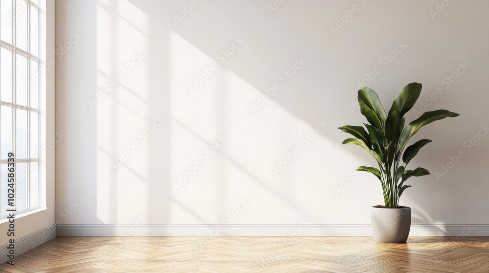A clean, minimalistic interior space with an empty white wall, softly lit by natural sunlight streaming A clean, minimalistic interior space with an empty white wall, softly lit by natural sunlight streaming