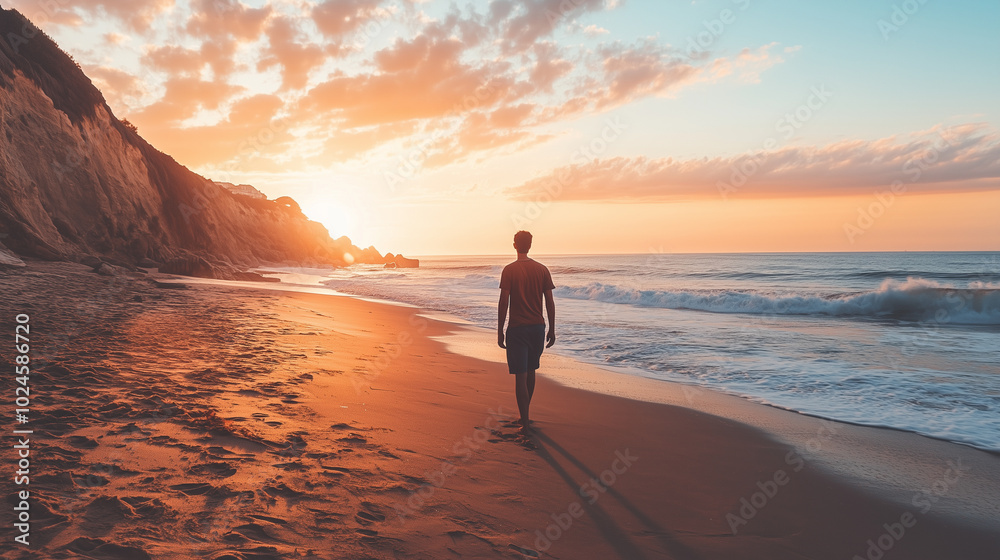 Silhouette of a man walking on the beach at sunset