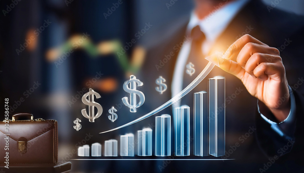 Revenue and business growth, featuring symbols like a graph with rising bars, dollar signs, and a briefcase symbolizing profit, financial success, and corporate earnings. Revenue and business growth, featuring symbols like a graph with rising bars, dollar signs, and a briefcase symbolizing profit, financial success, and corporate earnings.