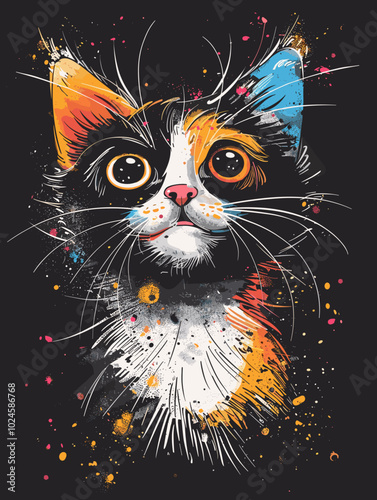 Hand drawn cat with colorful splashes on black background. Vector illustration.