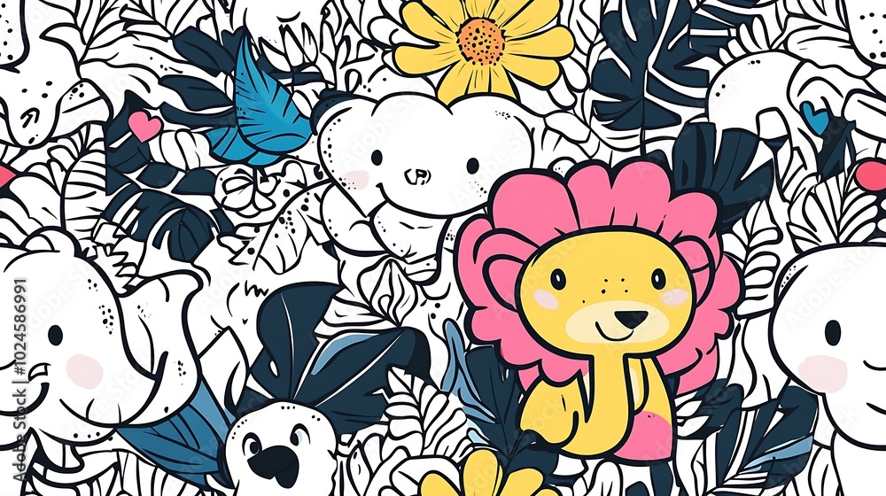 Fototapeta premium An energetic animal kingdom pattern, featuring majestic elephants, roaring lions, curious monkeys, and colorful tropical birds amidst layers of lush leaves and vines.