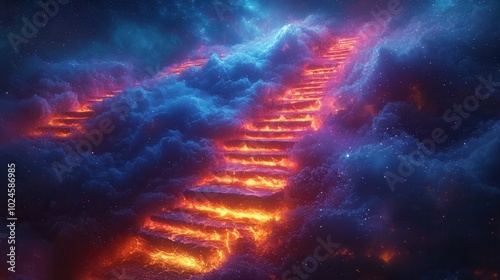 A surreal scene featuring a stairway made of glowing lava amidst a vivid, colorful cloud formation in space, evoking a sense of wonder.