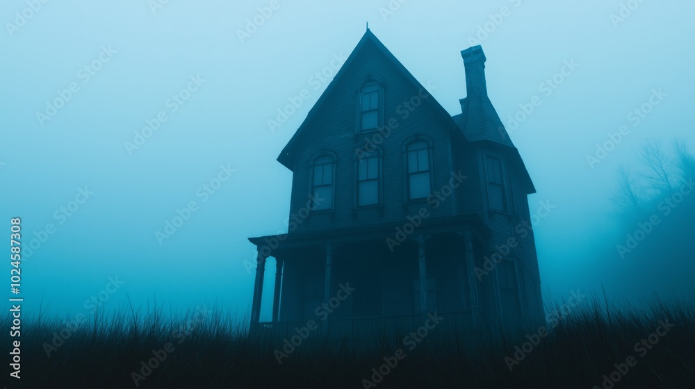 Haunted mansion in fog, eerie and mysterious atmosphere for spooky horror scene. Dark, abandoned house with ghostly mist, gothic architecture and chilling mood for Halloween or supernatural thriller. Haunted mansion in fog, eerie and mysterious atmosphere for spooky horror scene. Dark, abandoned house with ghostly mist, gothic architecture and chilling mood for Halloween or supernatural thriller.