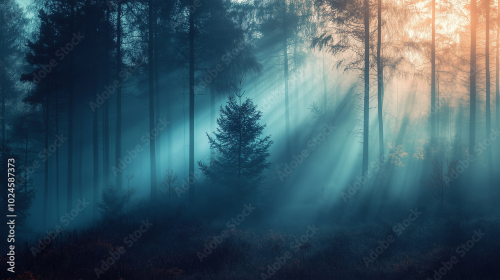 Obraz premium Rays of light in the foggy forest