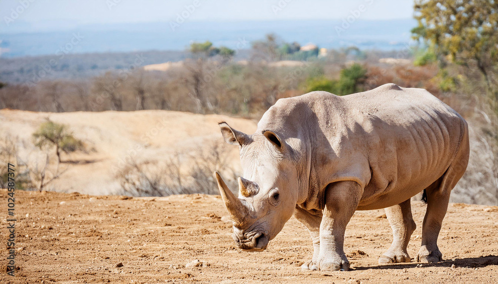 Fototapeta premium White Rhinoceros Standing in a Sunny and Copy Space