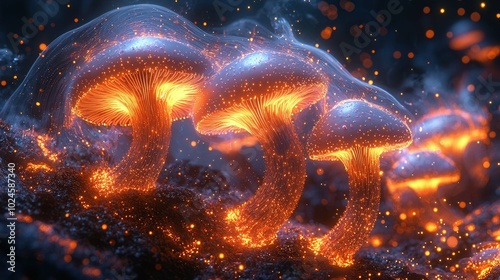 A captivating visual of glowing mushrooms emanating a vivid orange light amidst a dark background, creating an enchanting atmosphere.