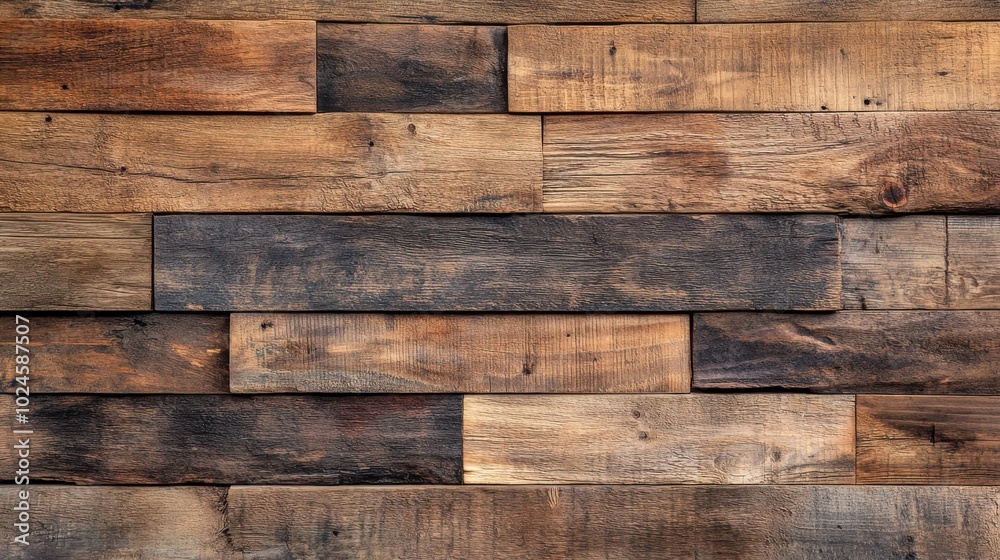 Naklejka premium A close-up of a rustic wooden wall, composed of reclaimed wood planks with varying shades