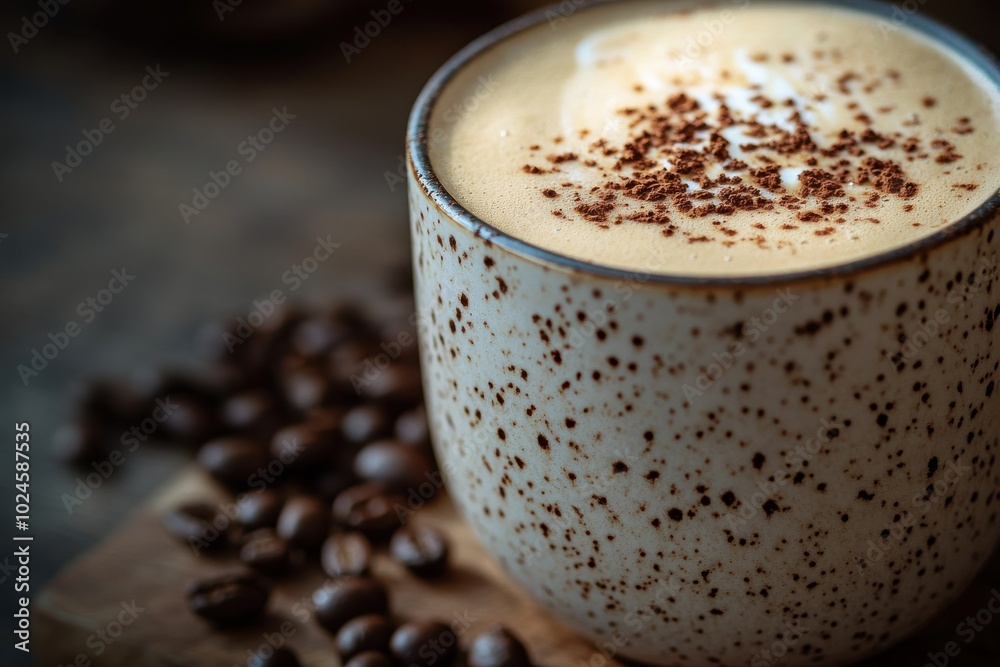 A close-up of a speckled ceramic mug filled with frothy cappuccino, with a sprinkle of cocoa A close-up of a speckled ceramic mug filled with frothy cappuccino, with a sprinkle of cocoa