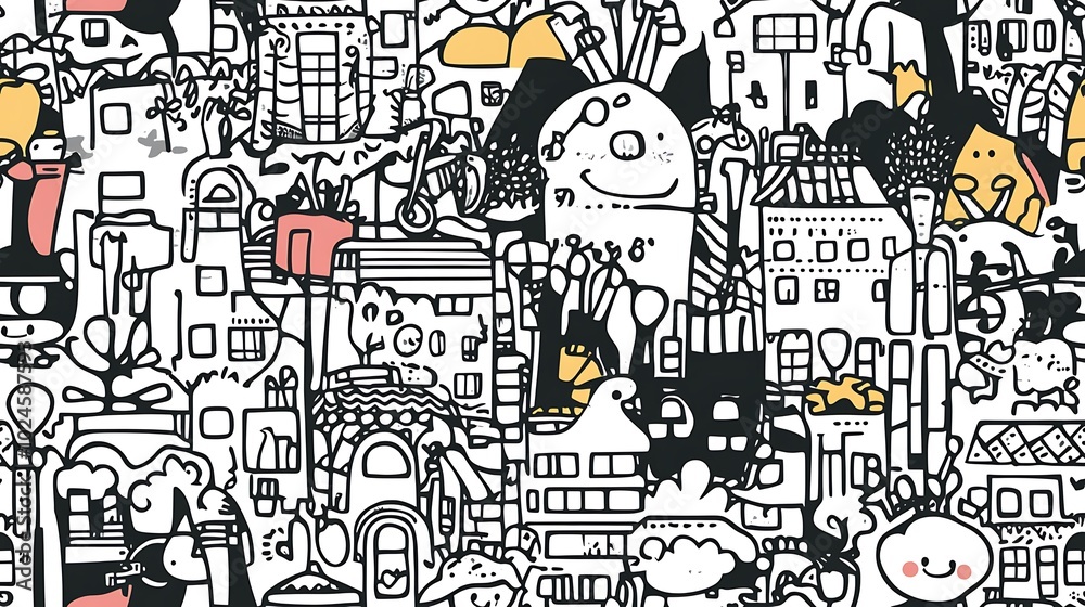 Obraz premium An energetic urban chaos pattern, featuring high-rise apartments, bustling sidewalks, bicycles, and busy intersections filled with pedestrians.