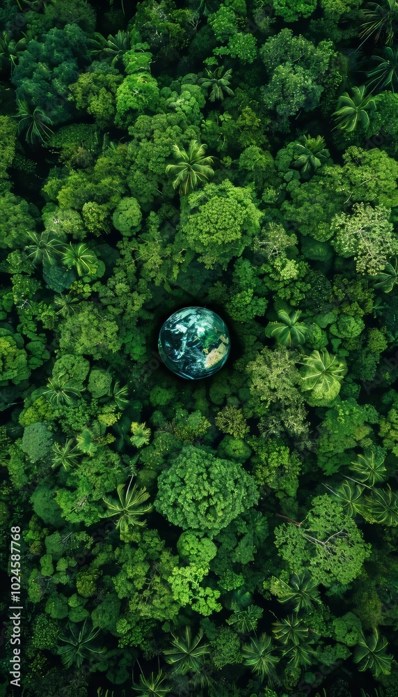 An aerial top view captures a lush green forest with a vibrant globe symbolizing the tropical An aerial top view captures a lush green forest with a vibrant globe symbolizing the tropical