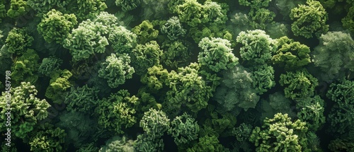 This aerial view showcases a dense and verdant forest, beautifully illustrated through AI