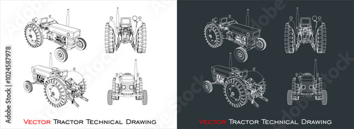 set vector tractor blueprint technical line drawing