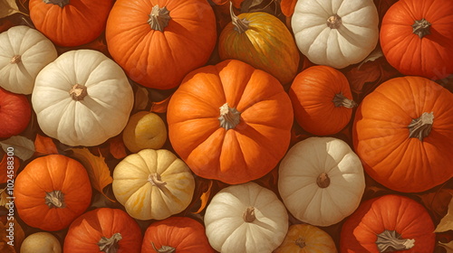 Pumpkin background, Autumn arrangement texture. Orange, grey and white decorative pumpkins. Harvest