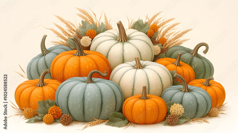 Pumpkin background, Autumn arrangement texture. Orange, grey and white decorative pumpkins. Harvest Pumpkin background, Autumn arrangement texture. Orange, grey and white decorative pumpkins. Harvest