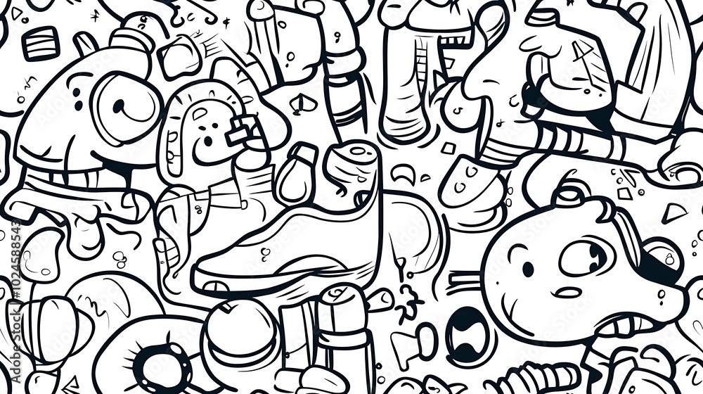 Fototapeta premium An intricate doodle pattern of a fitness-themed scene, featuring exercise equipment like treadmills, dumbbells, sneakers, and resistance bands, with silhouettes of people doing exercises.