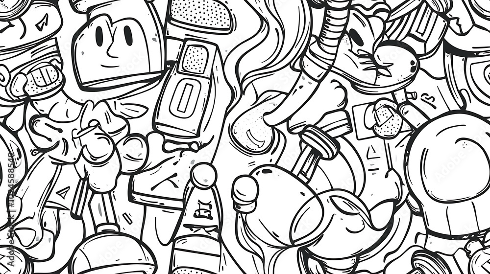 An intricate doodle pattern of a fitness-themed scene, featuring exercise equipment like treadmills, dumbbells, sneakers, and resistance bands, with silhouettes of people doing exercises. An intricate doodle pattern of a fitness-themed scene, featuring exercise equipment like treadmills, dumbbells, sneakers, and resistance bands, with silhouettes of people doing exercises.