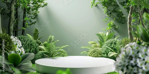 Concrete podium in tropical forest for product presentation and green wall3d rendering
