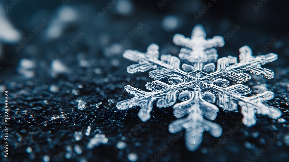 28. A close-up of a snowflake on a dark surface 28. A close-up of a snowflake on a dark surface