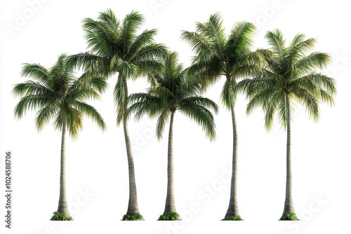 A cluster of six tall palm trees with lush green fronds at different angles, swaying slightly