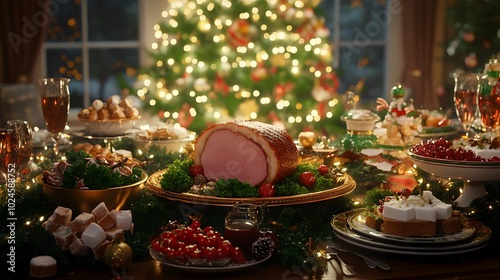 A festive Christmas dinner table with an array of traditional dishes