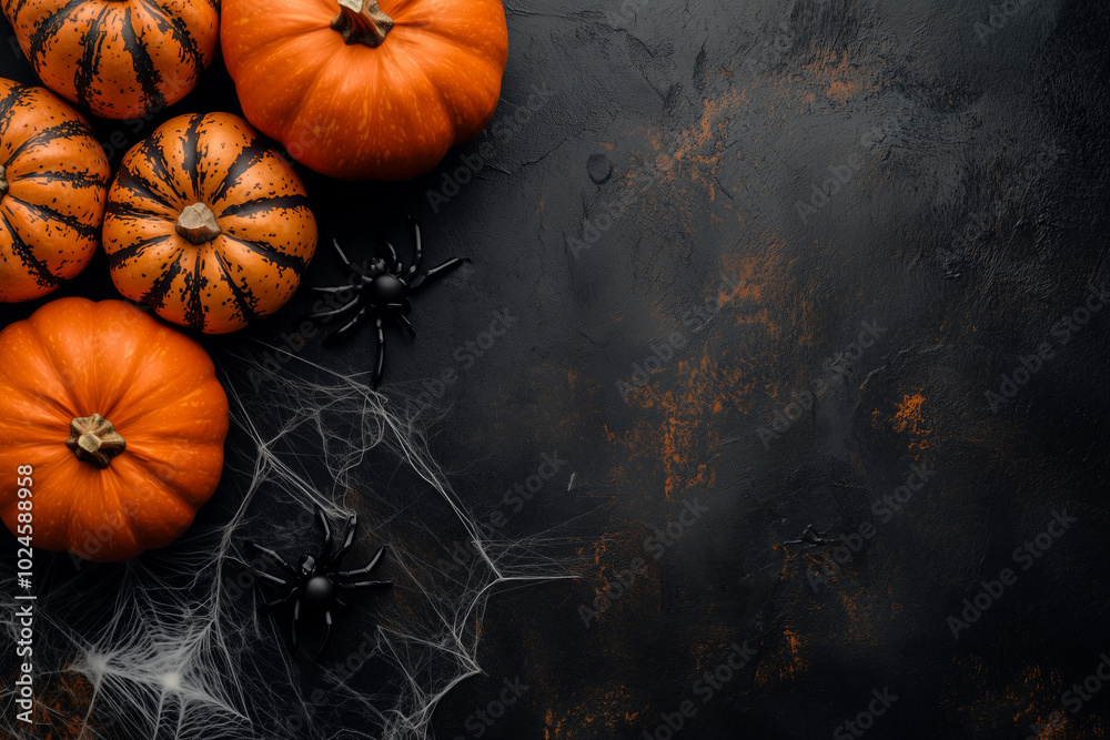A Halloween background featuring cobwebs, pumpkins, and a black spider on a dark backdrop. Spooky, eerie patterns for design, viewed from the top. Banner with copy space. A Halloween background featuring cobwebs, pumpkins, and a black spider on a dark backdrop. Spooky, eerie patterns for design, viewed from the top. Banner with copy space.