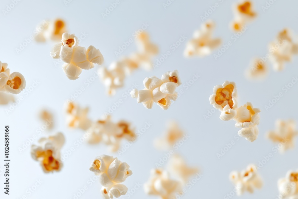 A collection of light, fluffy popcorn kernels is spread out in mid-air as if freshly popped A collection of light, fluffy popcorn kernels is spread out in mid-air as if freshly popped