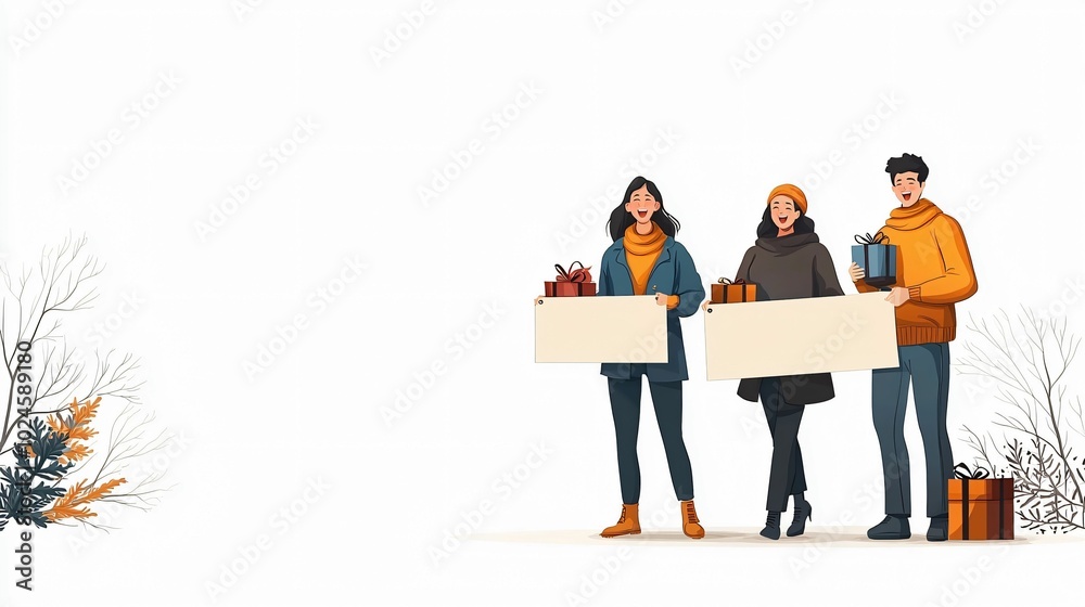 Three individuals holding gift boxes in a winter setting, dressed warmly, alongside decorative elements and space for text. Three individuals holding gift boxes in a winter setting, dressed warmly, alongside decorative elements and space for text.