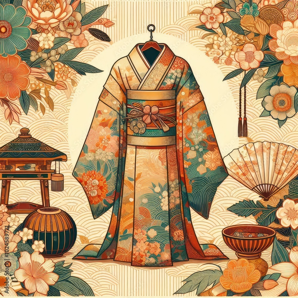Naklejka premium Japan: Kimono: Made from silk or cotton, it's known for its intricate patterns and vibrant colors.. illustration.