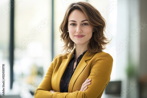 A confident woman with shoulder-length brown hair, dressed in a stylish yellow blazer and dark