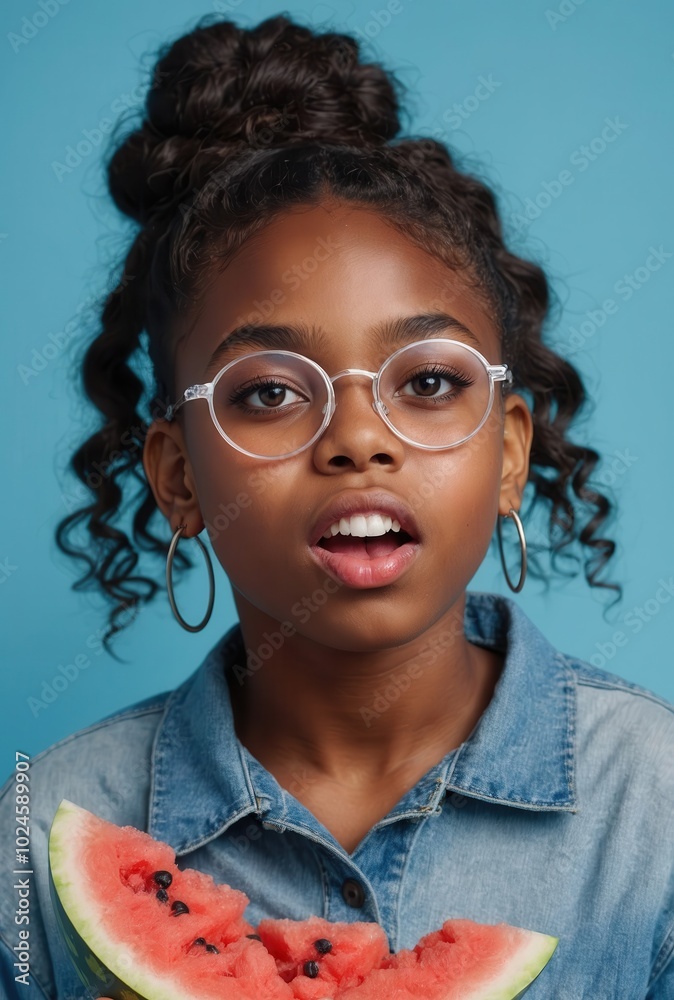 Expressive girl with glasses holding half watermelon, light blue background Expressive girl with glasses holding half watermelon, light blue background