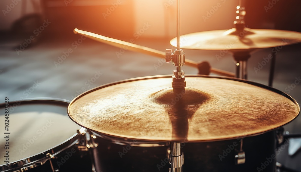 Obraz premium Close-up of Golden Drum Cymbals Bathed in Warm Sunlight Musical Instrument Photography
