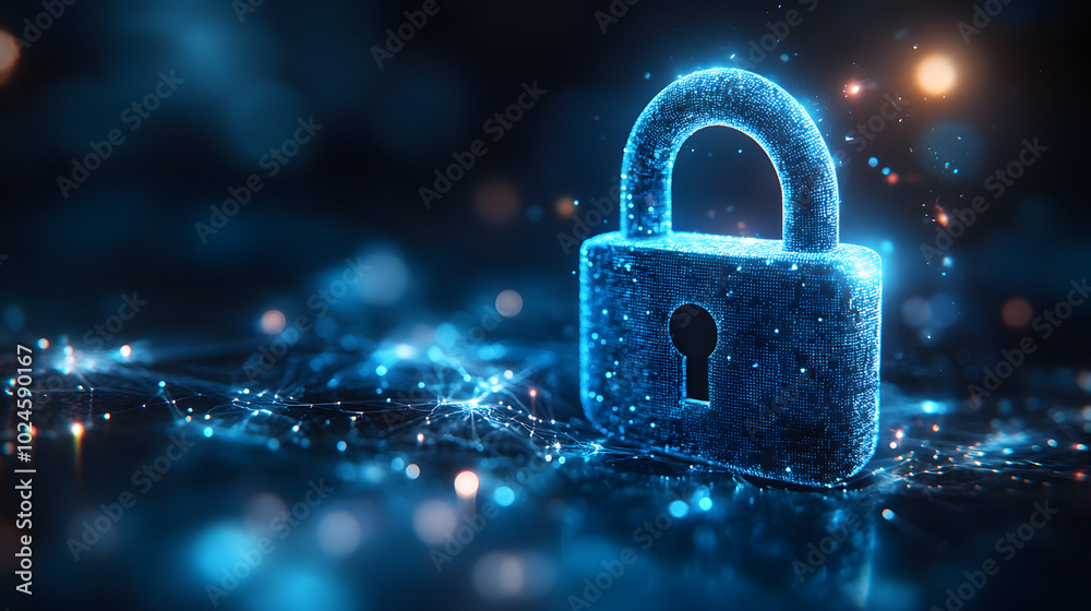 A digital padlock surrounded by blue light particles and data clouds, symbolizing advanced security and encryption technology. This image conveys a sense of safety and protection, representing the imp A digital padlock surrounded by blue light particles and data clouds, symbolizing advanced security and encryption technology. This image conveys a sense of safety and protection, representing the imp