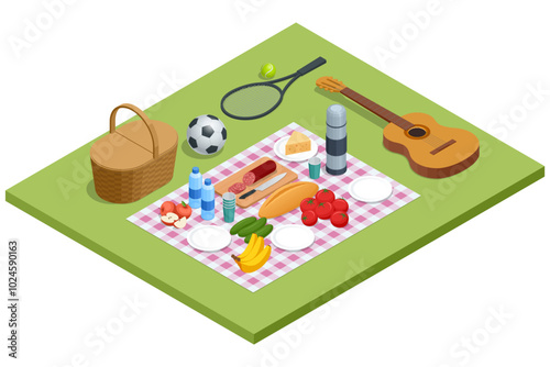 Isometric picnic basket on a blanket in the meadow, surrounded by nature. It represents the idea of relaxation, a romantic meal, and a family weekend outing