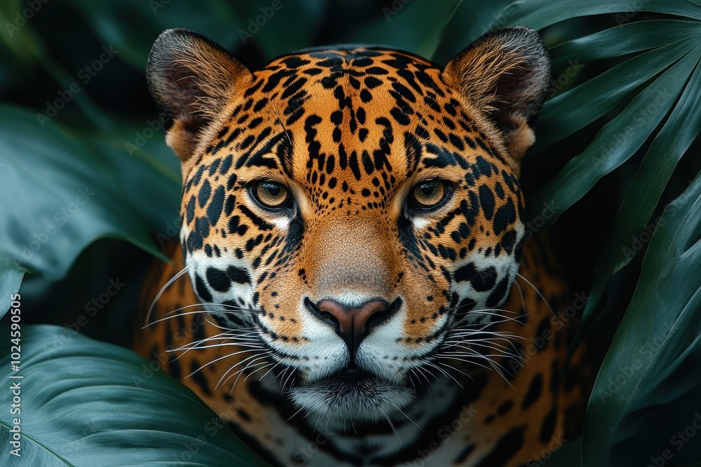 Obraz premium Close-Up Portrait of a Jaguar with Focused Eyes, Surrounded by Dense Jungle Foliage, Showcasing the Majestic and Powerful Nature of Wild Cats