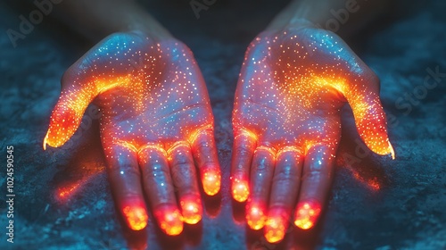 An artistic representation of two hands illuminated with vivid, glowing patterns resembling stars and cosmic elements, set against a dark background. photo