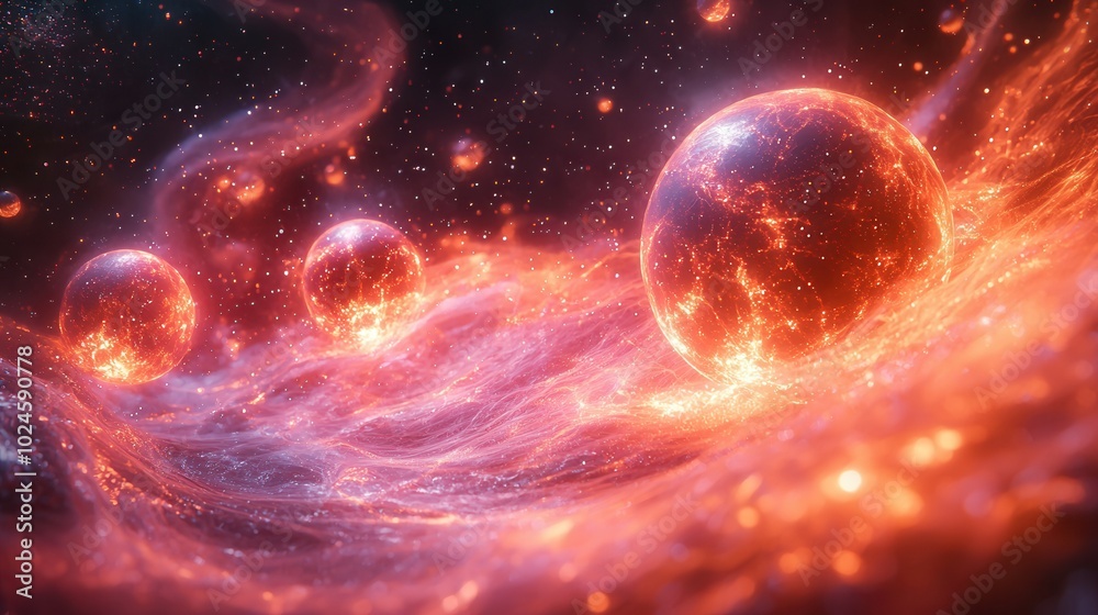 An abstract cosmic scene depicting glowing spheres floating in a swirling, fiery backdrop of wispy clouds and sparkling stars. An abstract cosmic scene depicting glowing spheres floating in a swirling, fiery backdrop of wispy clouds and sparkling stars.
