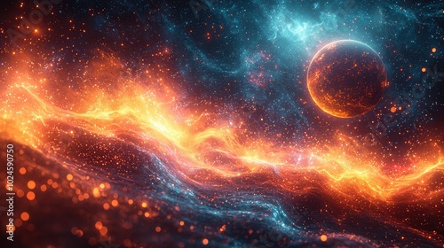 A stunning digital illustration of a colorful cosmic nebula, featuring swirling orange and blue hues, along with a glowing planet amidst the stars in space. photo