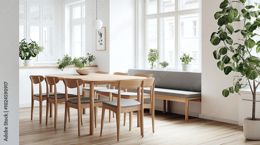 An airy dining room with natural wood furniture and white walls, offering a minimalist charm An airy dining room with natural wood furniture and white walls, offering a minimalist charm