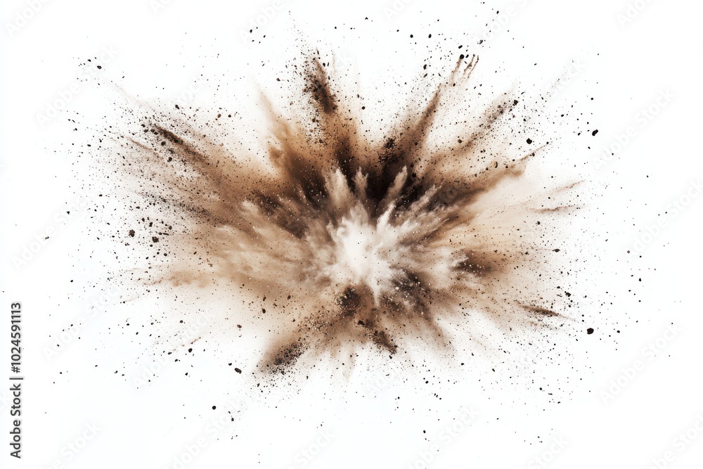 A dramatic and intense explosion of dirt and debris, captured mid-blast. The particles burst A dramatic and intense explosion of dirt and debris, captured mid-blast. The particles burst