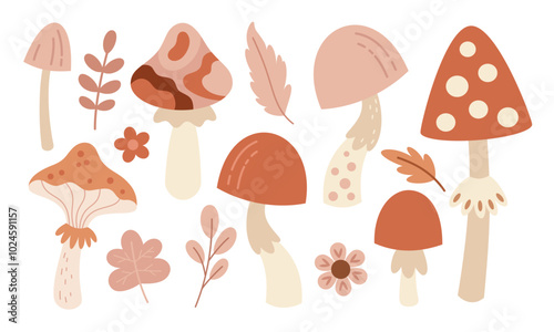 Mushroom, flower and autumn leaves set, cute hand drawn seasonal objects. Vector illustration in flat style