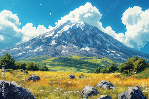 Illustration of a breathtaking view of a snow-capped mountain standing tall under a vibrant blue sky with scattered clouds, surrounded by a lush green meadow filled with wildflowers and rocks