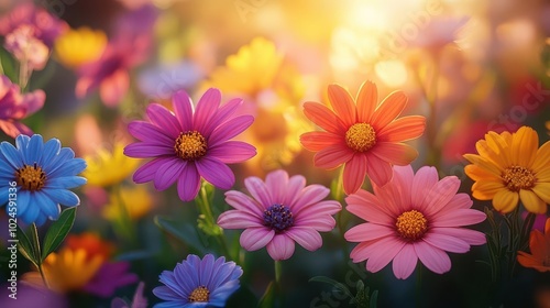 vibrant summer flora paints a cheerful scene as colorful flowers bloom showcasing an array of petals against a soft blurred background